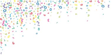 Rengarenk dağınık sayılar düşüyor. Uçan parmaklarla matematik çalışma konsepti. Beyaz arka planda okul matematiği afişi. Düşen sayılar vektör illüstrasyonu.