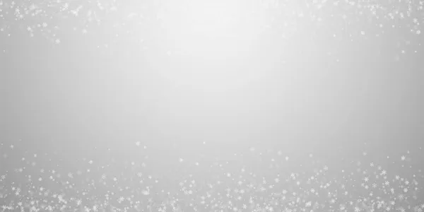 Vacker Snöfall Jul Bakgrund Subtila Flygande Snöflingor Och Stjärnor Ljusgrå — Stock vektor