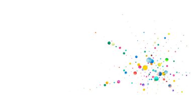 Beyaz arka planda suluboya konfeti. Canlı gökkuşağı renkli noktalar. Rengarenk parlak kartın kutlu olsun. Büyüleyici el boyaması konfeti.