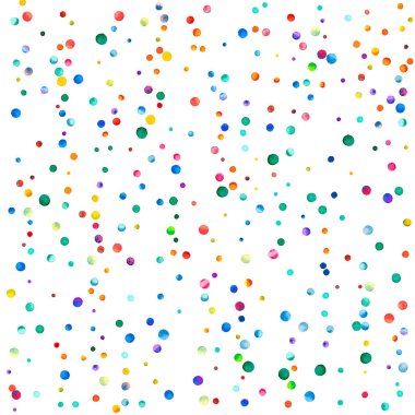 Beyaz arka planda suluboya konfeti. Takdire şayan gökkuşağı renkli noktalar. Mutlu kare renkli parlak kartlar. Güzel el boyalı konfeti..