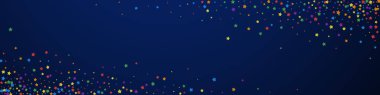 Bayramlık otantik konfeti. Kutlama yıldızları. Koyu mavi arka planda parlak gökkuşağı yıldızları. Takdire şayan bir şablon. Panoramik vektör arkaplanı.