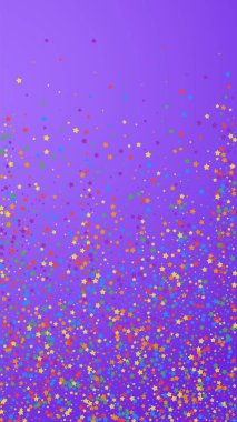 Şenlikli konfeti. Kutlama yıldızları. Gökkuşağı parlak yıldızları menekşe arka planda. Muhteşem şablon şablonu. Dikey vektör arkaplanı.