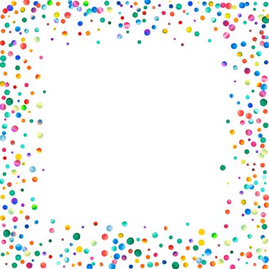 Beyaz arka planda suluboya konfeti. Gerçek gökkuşağı renkli noktalar. Mutlu kare renkli parlak kartlar. Güçlü el boyalı konfeti..