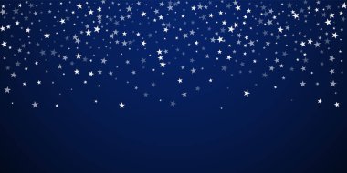 Yılbaşı arka planında rastgele düşen yıldızlar. İnce uçan kar taneleri ve koyu mavi gece arka planındaki yıldızlar. Güzelim kış gümüşü kar tanesi şablonu örtüyor. Asıl vektör illüstrasyonu.