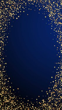 Şenlikli, sade konfeti. Kutlama yıldızları. Koyu mavi arka planda altın konfeti. Uygun bir şablon. Dikey vektör arkaplanı.