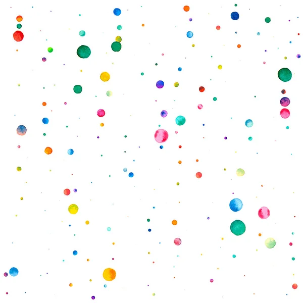 白い背景に水彩のコンフェッティ 虹色のドットが目を引く ハッピーお祝い広場カラフルな明るいカード 本物の手描きのコンフェッティ — ストック写真