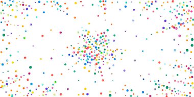 Beyaz arka planda suluboya konfeti. Canlı gökkuşağı renkli noktalar. Rengarenk parlak kartın kutlu olsun. İdeal el boyaması konfeti..