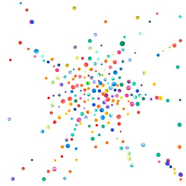 Beyaz arka planda suluboya konfeti. Gerçek gökkuşağı renkli noktalar. Mutlu kare renkli parlak kartlar. Güzel el boyaması konfeti..