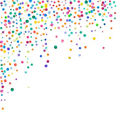 Beyaz arka planda suluboya konfeti. Gerçek gökkuşağı renkli noktalar. Mutlu kare renkli parlak kartlar. Değerli elle boyanmış konfeti..