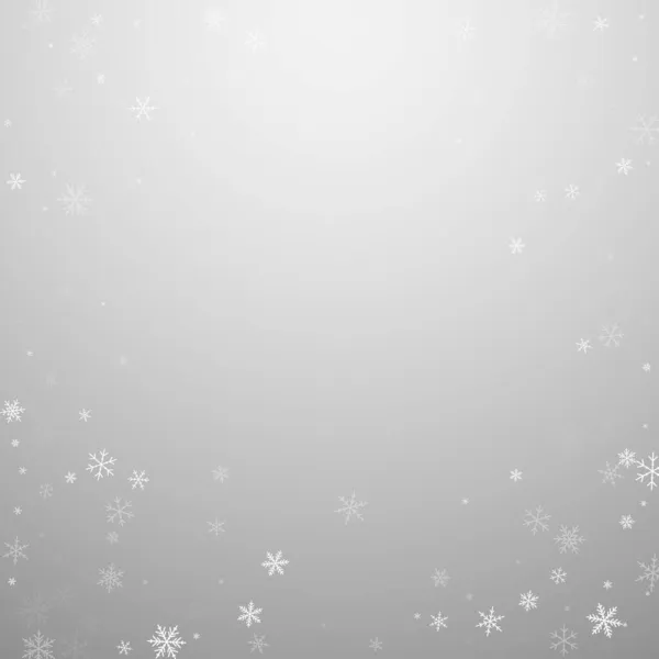 稀疏的降雪圣诞背景 淡淡的雪花 淡淡的灰色背景上的星星 令人惊奇的冬季银片覆盖模板 神奇的矢量图解 — 图库矢量图片