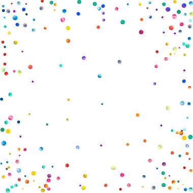 Beyaz arka planda suluboya konfeti. Takdire şayan gökkuşağı renkli noktalar. Mutlu kare renkli parlak kartlar. Etkileyici bir el boyaması konfeti..