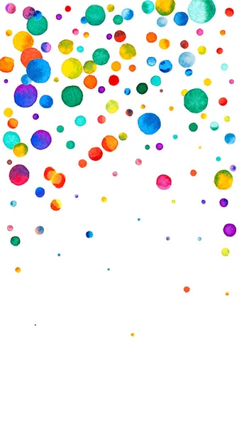 白い背景に水彩のコンフェッティ 虹色の点を魅了します 幸せなお祝いの高いカラフルな明るいカード 手描きのコンフェッティ — ストック写真