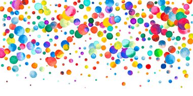 Beyaz arka planda suluboya konfeti. Çekici gökkuşağı renkli noktalar. Rengarenk parlak kartın kutlu olsun. Uygun elle boyanmış konfeti..