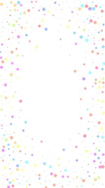 Neşeli konfeti. Kutlama yıldızları. Beyaz arka planda rastgele seçilmiş renkli yıldızlar. Büyüleyici bir şablon. Dikey vektör arkaplanı.