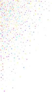 Şenlikli nadir konfeti. Kutlama yıldızları. Beyaz arka planda yoğun renkli yıldızlar. Güzel bir şablon. Dikey vektör arkaplanı.