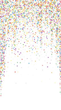 Şenlikli fantastik konfeti. Kutlama yıldızları. Beyaz arka planda çocuksu parlak yıldızlar. Büyüleyici şablon şablonu. Dikey vektör arkaplanı.