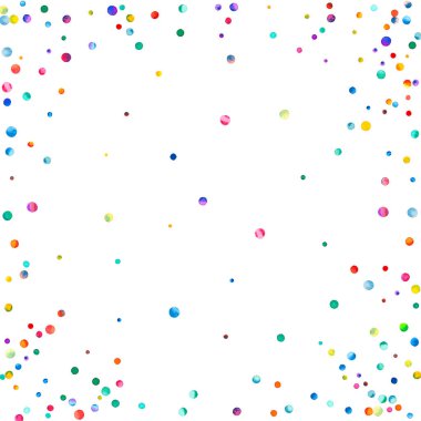 Beyaz arka planda suluboya konfeti. Sevimli gökkuşağı renkli noktalar. Mutlu kare renkli parlak kartlar. Seçkin elle boyanmış konfeti..