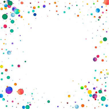 Beyaz arka planda suluboya konfeti. Takdire şayan gökkuşağı renkli noktalar. Mutlu kare renkli parlak kartlar. Düzgün elle boyanmış konfeti..