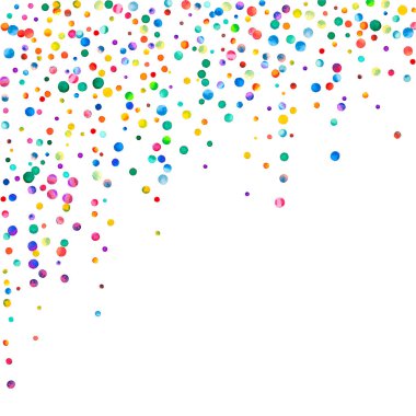 Beyaz arka planda suluboya konfeti. Gerçek gökkuşağı renkli noktalar. Mutlu kare renkli parlak kartlar. İlahi el boyaması konfeti.