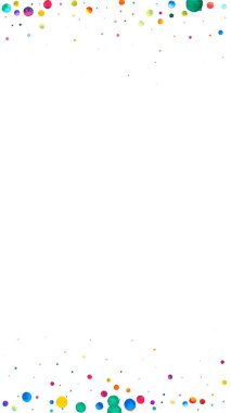 Beyaz arka planda suluboya konfeti. Canlı gökkuşağı renkli noktalar. Mutlu kutlamalar yüksek renkli parlak kart. Güzel el boyaması konfeti..