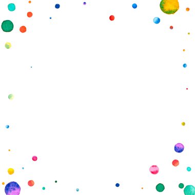 Beyaz arka planda suluboya konfeti. Sevimli gökkuşağı renkli noktalar. Mutlu kare renkli parlak kartlar. Kusursuz elle boyanmış konfeti..