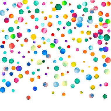 Beyaz arka planda suluboya konfeti. Gerçek gökkuşağı renkli noktalar. Mutlu kare renkli parlak kartlar. Harika bir el boyaması konfeti.