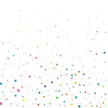 Beyaz arka planda suluboya konfeti. Takdire şayan gökkuşağı renkli noktalar. Mutlu kare renkli parlak kartlar. Nefes kesici el boyaması konfeti..