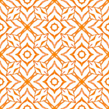 Suluboya madalyonu, kusursuz sınır. Turuncu lekesiz boho şık yaz tasarımı. Tekstil hazır zarif baskı, mayo kumaş, duvar kağıdı, ambalaj. Madalyon pürüzsüz desen.