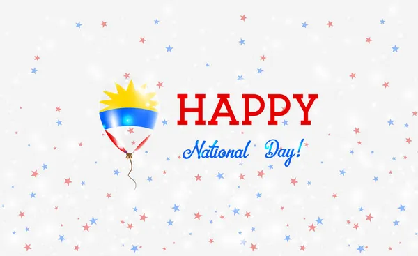 Antigua Nationalfeiertag patriotisches Plakat. fliegender Gummiballon in den Farben der antiguanischen Barbudan-Flagge. Antigua Nationalfeiertag Hintergrund mit Luftballon, Konfetti, Sternen, Bokeh und Funkeln. — Stockvektor