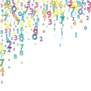Renkli ve düzenli sayılar düşüyor. Uçan parmaklarla matematik çalışma konsepti. Beyaz arka planda hayal gücü yüksek matematik afişi. Düşen sayılar vektör illüstrasyonu.