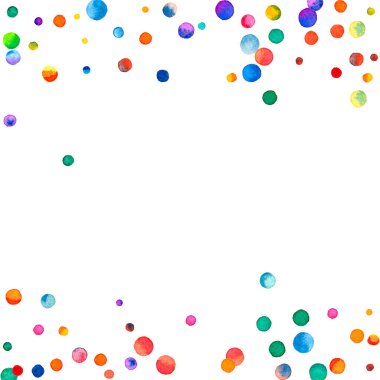 Beyaz arka planda suluboya konfeti. Gerçek gökkuşağı renkli noktalar. Mutlu kare renkli parlak kartlar. Elle boyanmış konfeti..