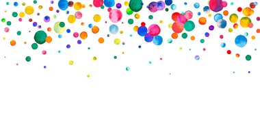 Beyaz arka planda suluboya konfeti. Çekici gökkuşağı renkli noktalar. Rengarenk parlak kartın kutlu olsun. Muhteşem bir el boyaması konfeti.