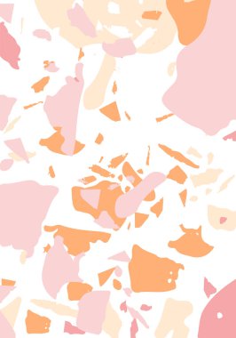 Terrazzo modern soyut şablon. Klasik İtalyan döşemesinin pembe ve turuncu dokusu. Venedik terrazzo trend vektör arka planı Taşlardan, granitten, kuvarstan, mermerden, betondan yapılmış. 