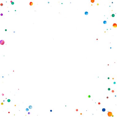 Beyaz arka planda suluboya konfeti. Sevimli gökkuşağı renkli noktalar. Mutlu kare renkli parlak kartlar. Dramatik el boyaması konfeti..