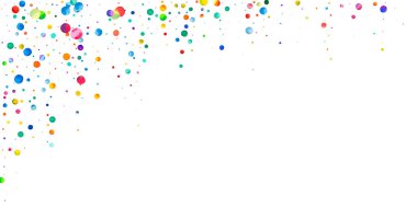 Beyaz arka planda suluboya konfeti. Canlı gökkuşağı renkli noktalar. Rengarenk parlak kartın kutlu olsun. İlginç bir el boyaması konfeti..