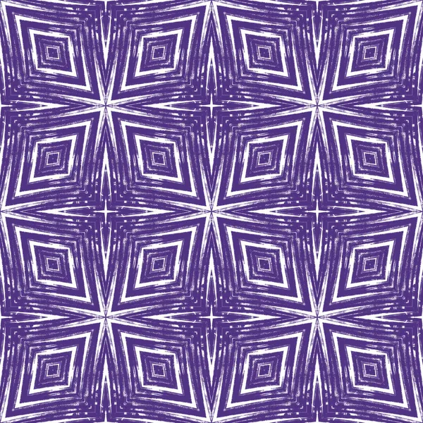条纹手绘图案 紫色对称万花筒背景 重复条纹手绘瓷砖 纺织品现成趋势印花 泳衣面料 包装材料 — 图库照片