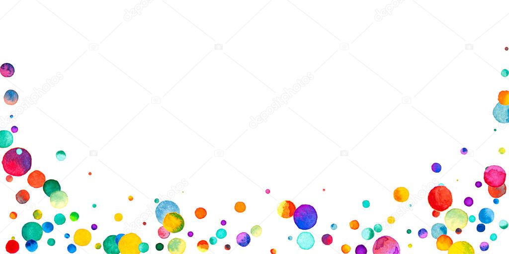 Watercolor confetti on white background. Alive rainbow colored dots. Happy celebration wide colorful bright card. Surprising hand painted confetti.