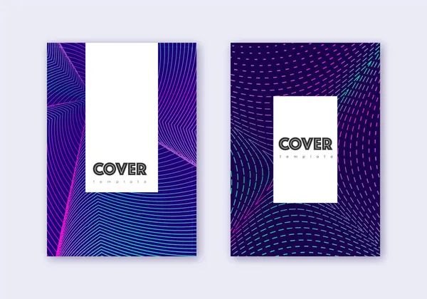 Hipster Cover Ontwerp Template Set Neon Abstracte Lijnen Donkerblauwe Achtergrond — Stockvector