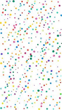 Beyaz arka planda suluboya konfeti. Çekici gökkuşağı renkli noktalar. Mutlu kutlamalar yüksek renkli parlak kart. Güzel el boyalı konfeti..