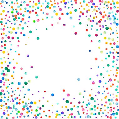 Beyaz arka planda suluboya konfeti. Sevimli gökkuşağı renkli noktalar. Mutlu kare renkli parlak kartlar. Muhteşem el boyaması konfeti..