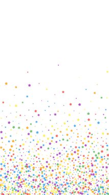Takdire şayan bir konfeti. Kutlama yıldızları. Beyaz arka planda parlak gökkuşağı yıldızları. İdeal şablon şablonu. Dikey vektör arkaplanı.