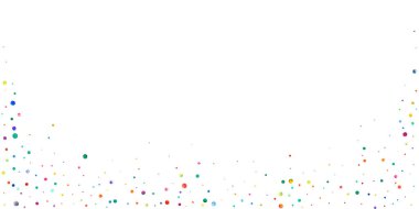 Beyaz arka planda suluboya konfeti. Canlı gökkuşağı renkli noktalar. Rengarenk parlak kartın kutlu olsun. Simetrik elle boyanmış konfeti..