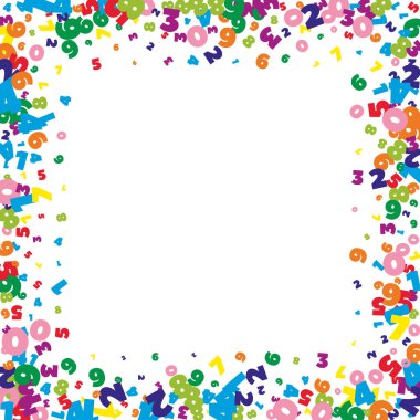 Parlak rakamlar düşüyor. Uçan parmaklarla matematik çalışma konsepti. Beyaz arka planda sınıflandırılmış matematik afişi. Düşen sayılar vektör illüstrasyonu.