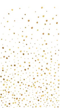 Muhteşem şenlik konfetileri. Kutlama yıldızları. Beyaz arka planda seyrek altın konfeti. Büyük şablon şablonu. Dikey vektör arkaplanı.