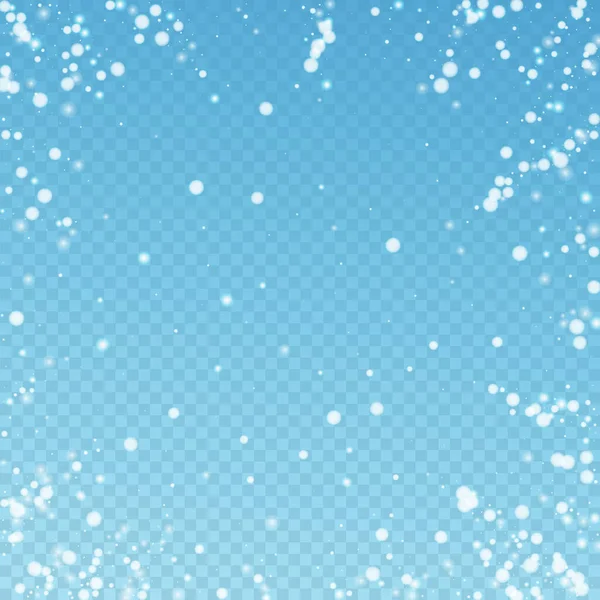 美しい秋の雪クリスマスの背景 青い透明な背景の上に小さな飛行雪のフレークと星 驚くべき冬の銀雪の結晶オーバーレイテンプレート 欠陥のないベクトル図 — ストックベクタ