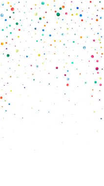 Beyaz arka planda suluboya konfeti. Çekici gökkuşağı renkli noktalar. Mutlu kutlamalar yüksek renkli parlak kart. Çok güzel el boyaması konfeti..