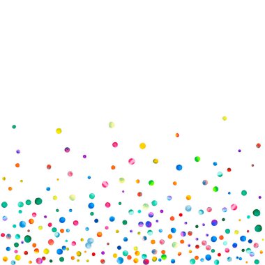 Beyaz arka planda suluboya konfeti. Sevimli gökkuşağı renkli noktalar. Mutlu kare renkli parlak kartlar. Şaşırtıcı bir el boyaması konfeti.