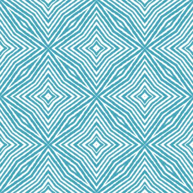 Dokulu çizgili desen. Turkuaz simetrik kaleydoskop arka planı. Moda desenli şerit tasarımı. Tekstil hazır muhteşem baskı, mayo kumaş, duvar kağıdı, ambalaj..