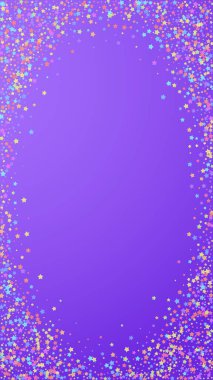 Şenlikli, inanılmaz konfeti. Kutlama yıldızları. Menekşe arka planda renkli yıldızlar. Uygun bir şablon. Dikey vektör arkaplanı.