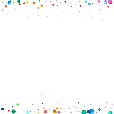 Beyaz arka planda suluboya konfeti. Gerçek gökkuşağı renkli noktalar. Mutlu kare renkli parlak kartlar. Takdire şayan el boyaması konfeti..